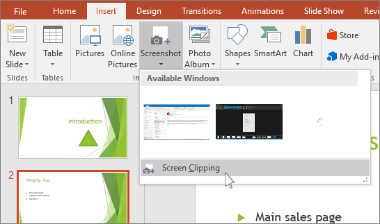 Available Windows section under Screenshot option in Insert menu